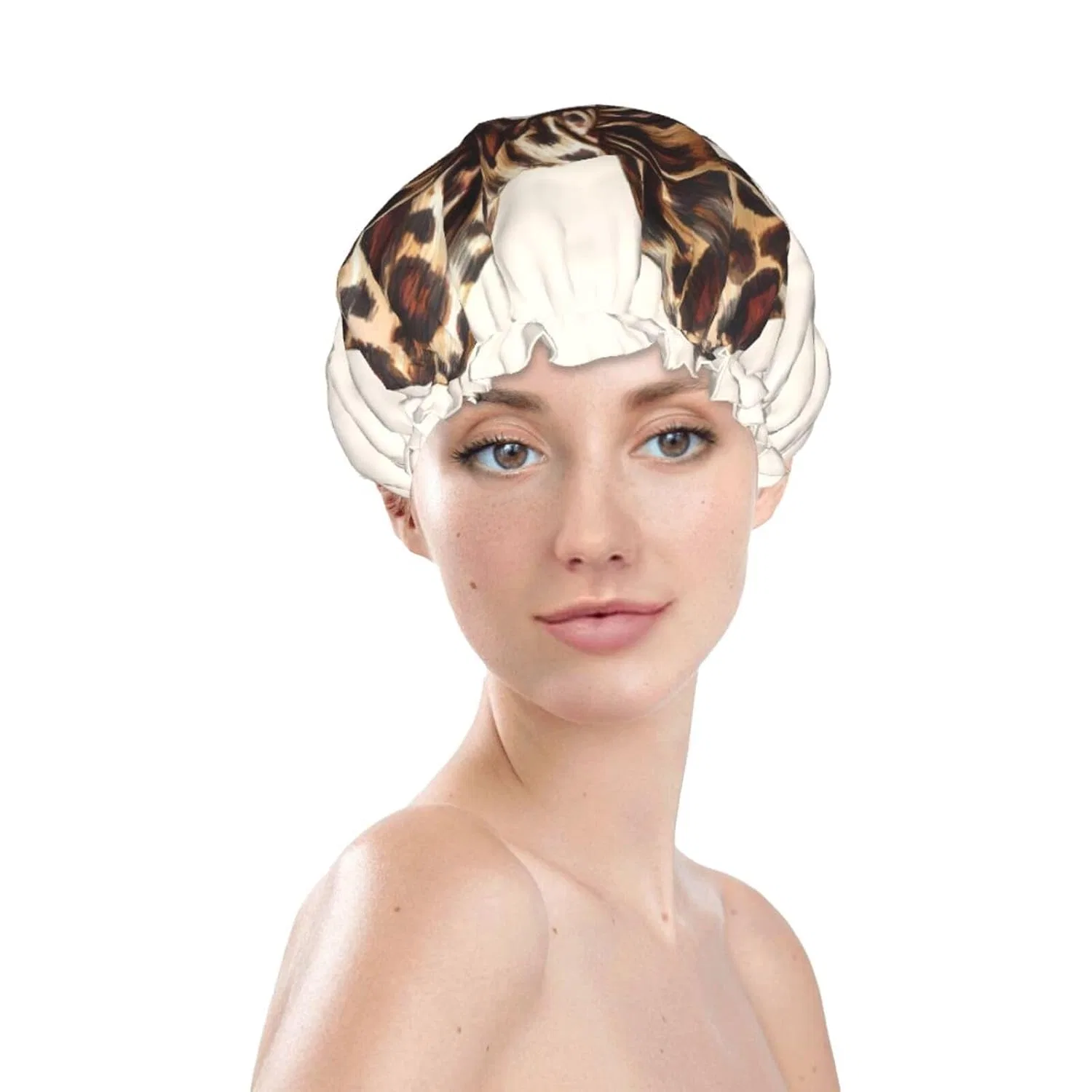Двухслойная водонепроницаемая шапочка для душа, ZSUUGJ, Leopard Print Bow — фото 3