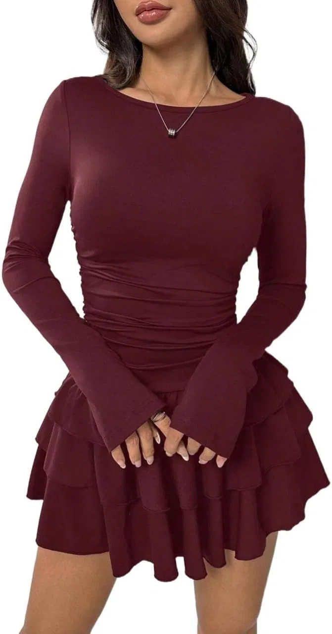 Женское мини-платье с рюшами A-силуэта, Burgundy