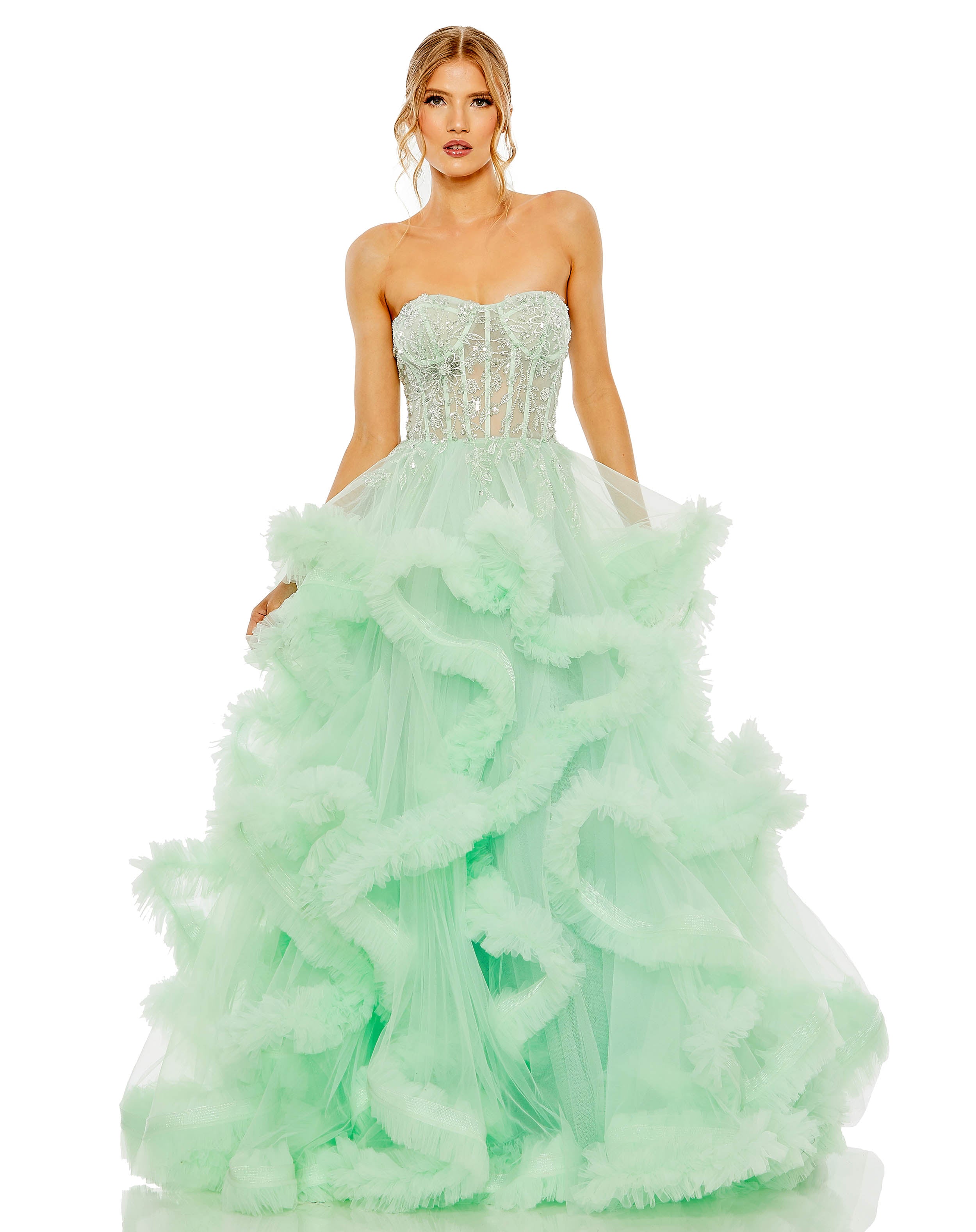 

Платье из тюля без бретелек с корсетными деталями Mac Duggal, цвет aqua