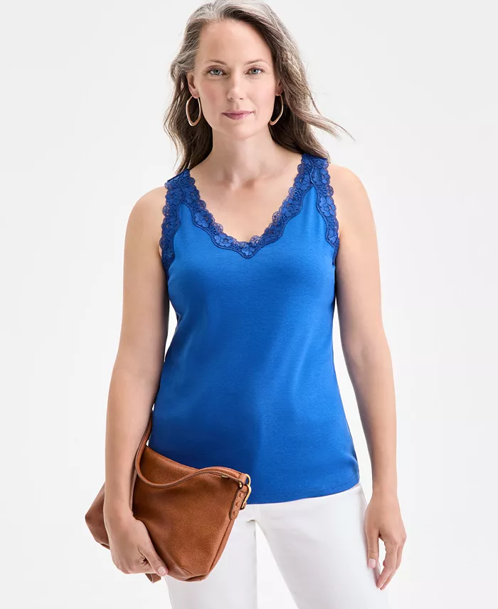 

Женская хлопковая майка с кружевной отделкой Style & Co, синий