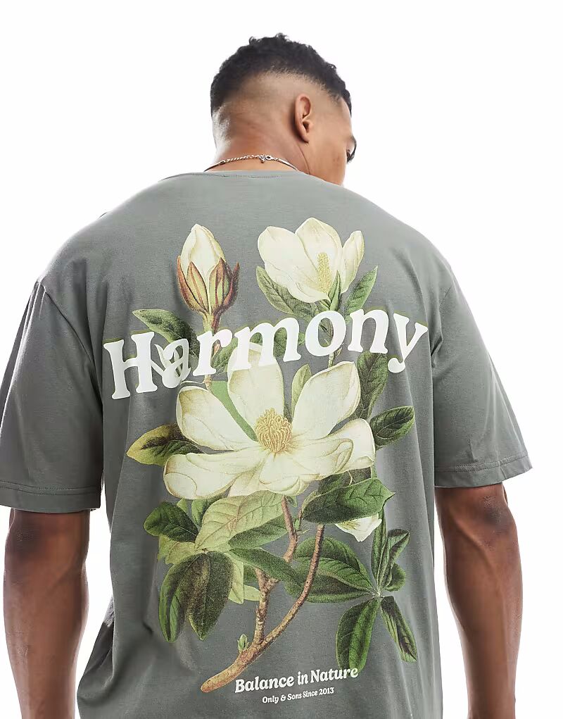 

Футболка свободного кроя ONLY & SONS с принтом Harmony в зелено-сером цвете