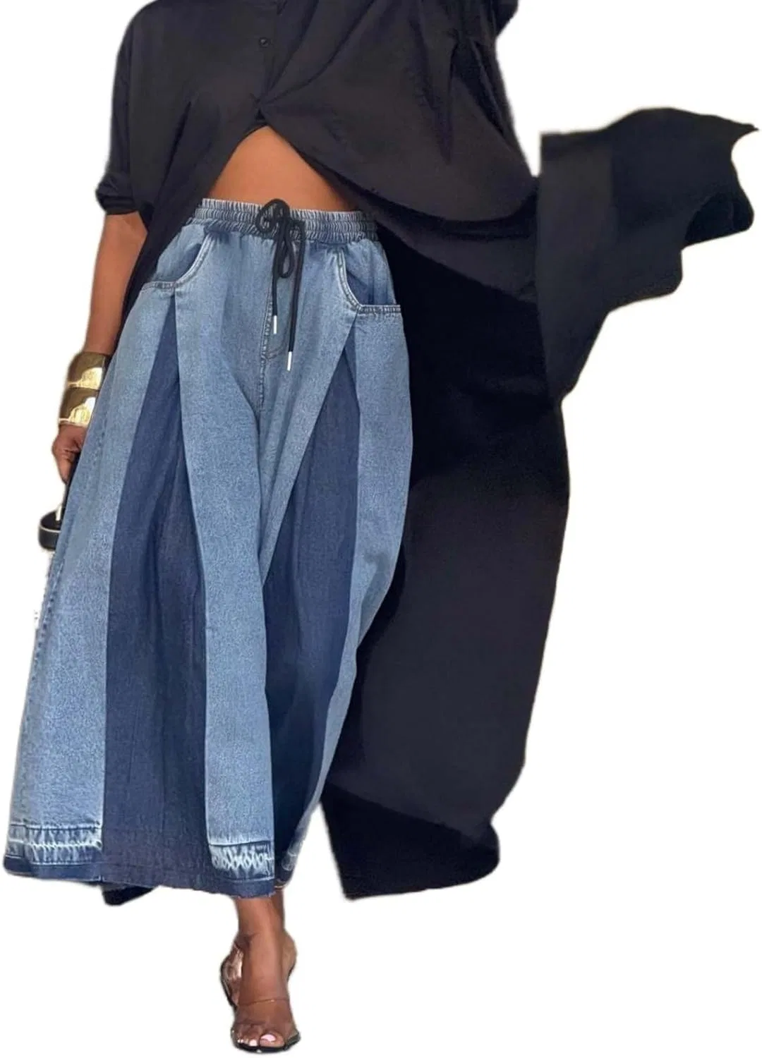 Женские свободные кроп-джинсы с цветными блоками, эластичным поясом и шнурком Generic, синий