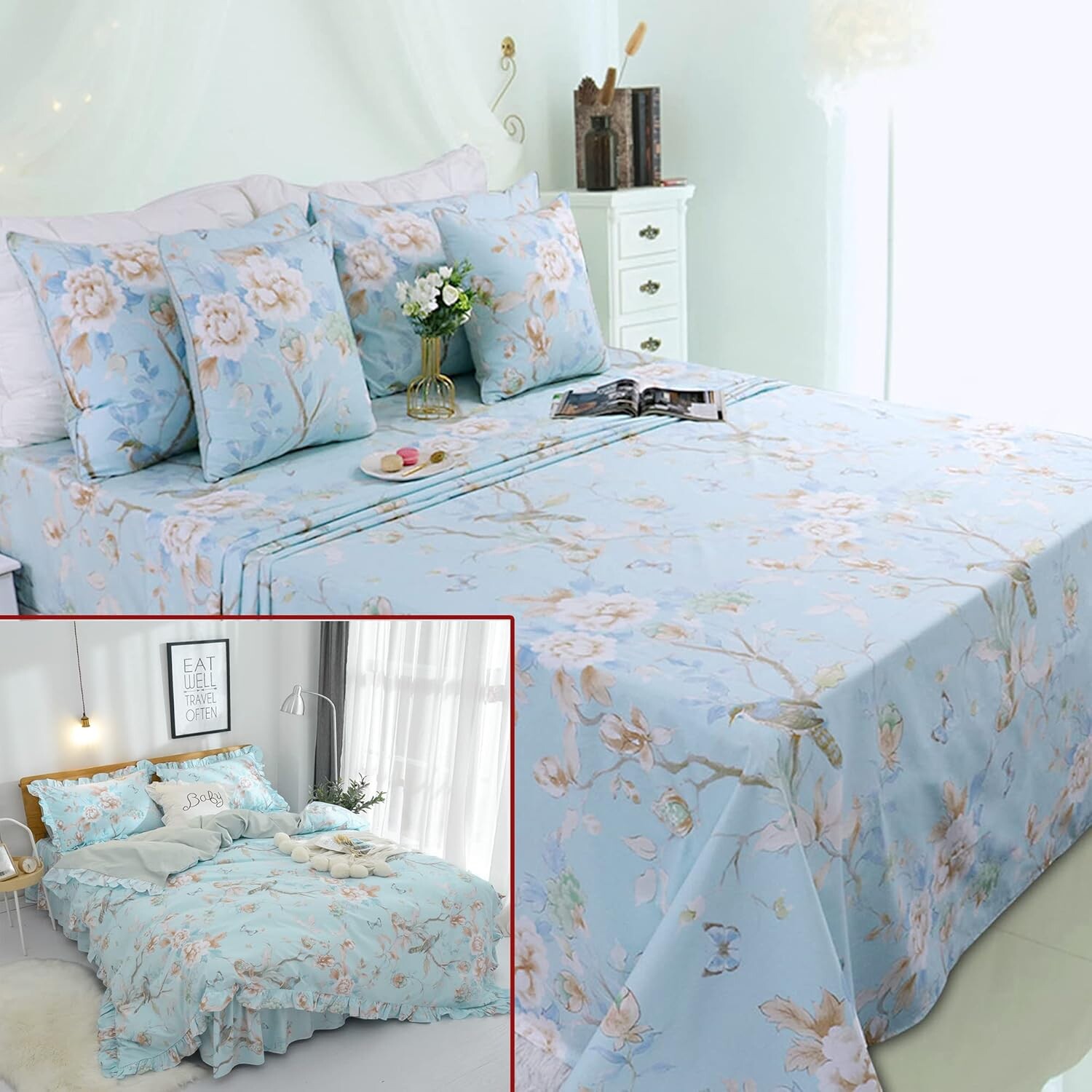 

FADFAY 8 шт. комплект пододеяльников с цветочным принтом Shabby Blue Bird Cal King Size, 1 пододеяльник + 1 юбка + 1 плоская простыня + 1 простыня + 4 наволочки королевского размера