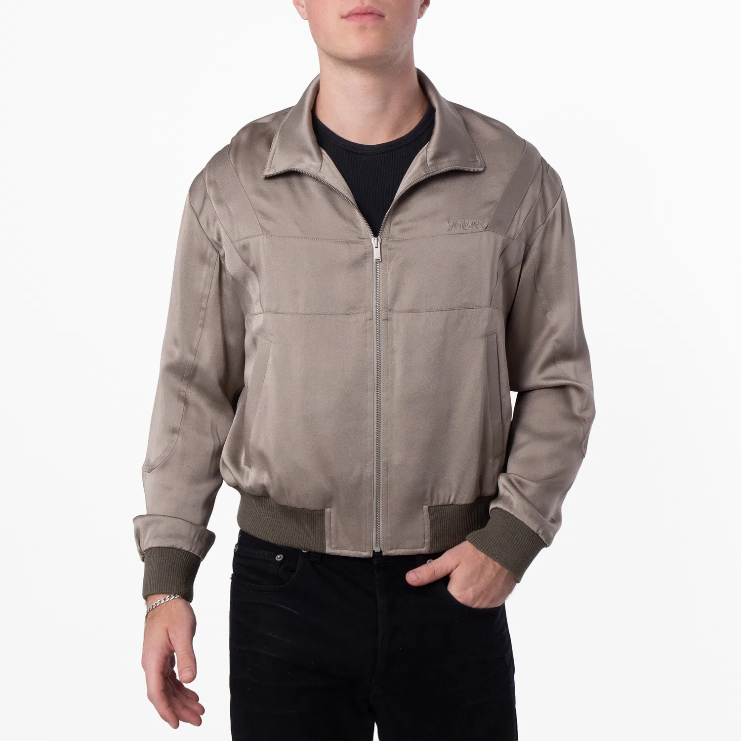 Куртка-бомбер из сатина Teddy с вышивкой Saint Laurent, Beige