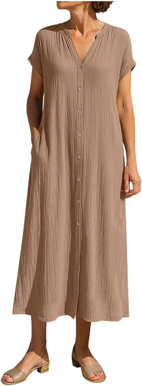 Женское летнее платье-рубашка с коротким рукавом из хлопка и льна, Khaki