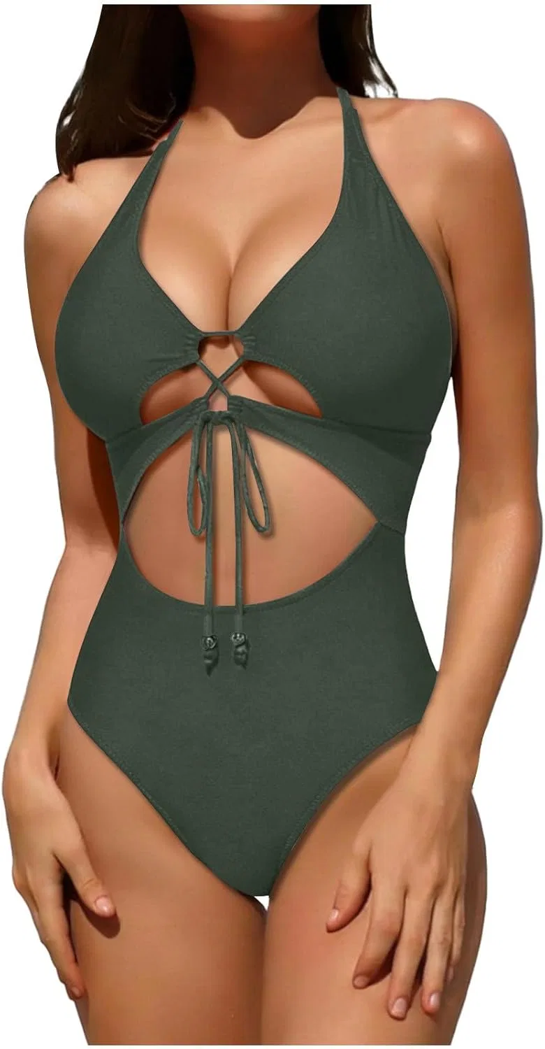 Женский цельный купальник с вырезом V-образный вырез Generic, Army Green