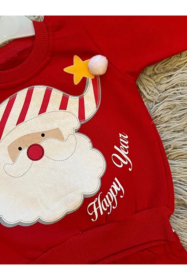 Детский комплект спортивного костюма из футера с принтом New Year's Pompom Detailed Winter Hoodie 3 Thread 2-Piece Tracksuit Enes Baby, Bearded Santa Claus — фото 2