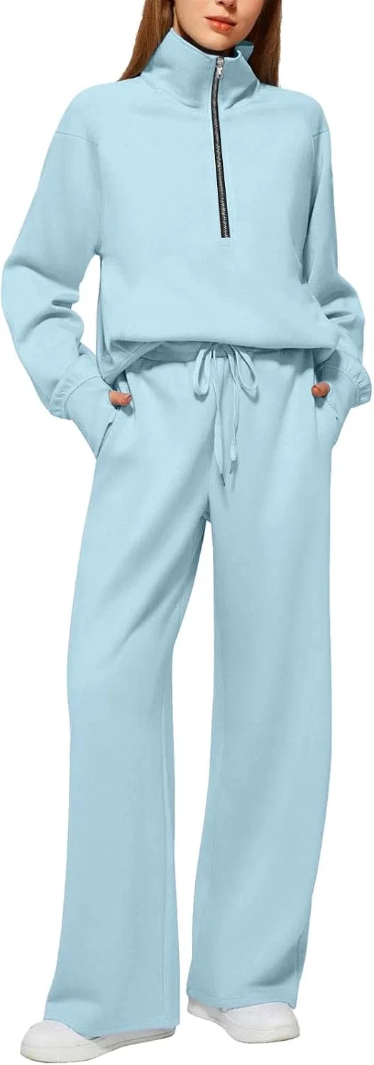 Женский спортивный комплект из худи с молнией и широких брюк, B-light Blue