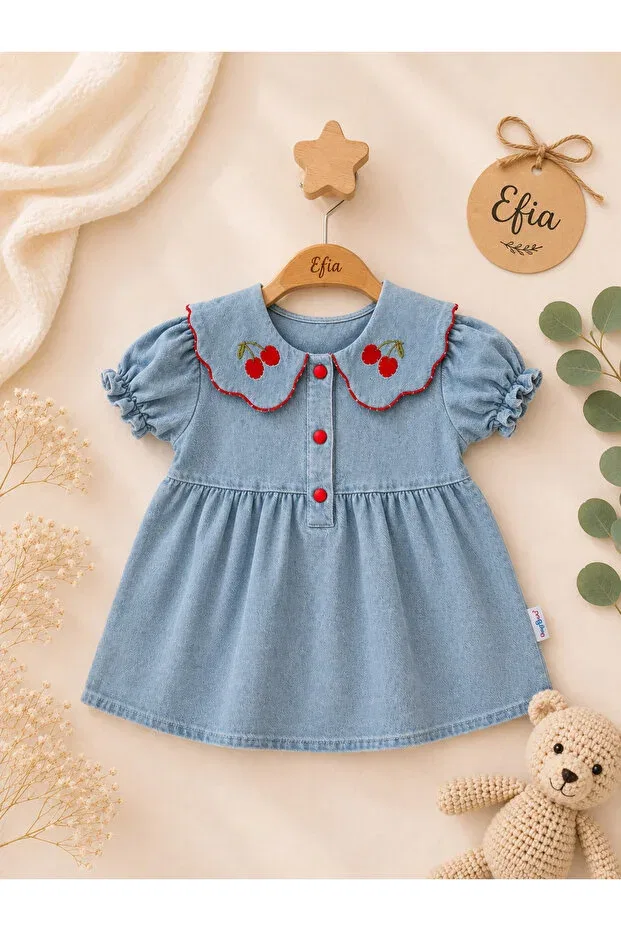 Детское платье для девочек джинсовое с вышивкой вишни Efia Baby, Blue — фото 2