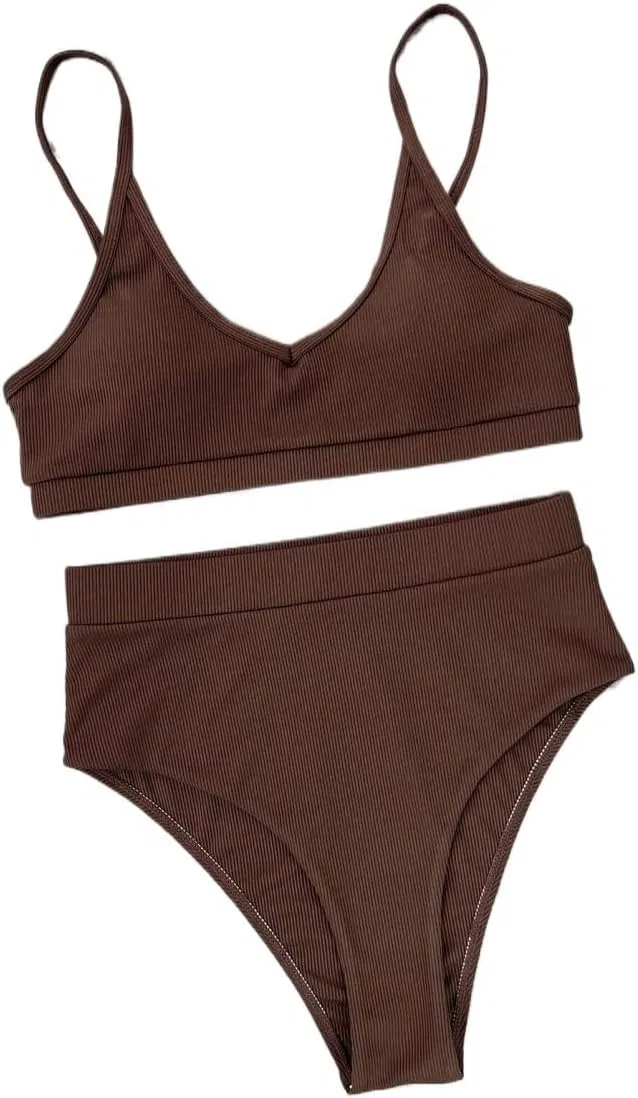 Женский бикини-сет с высокой талией Rib-Knit, Coffee Brown