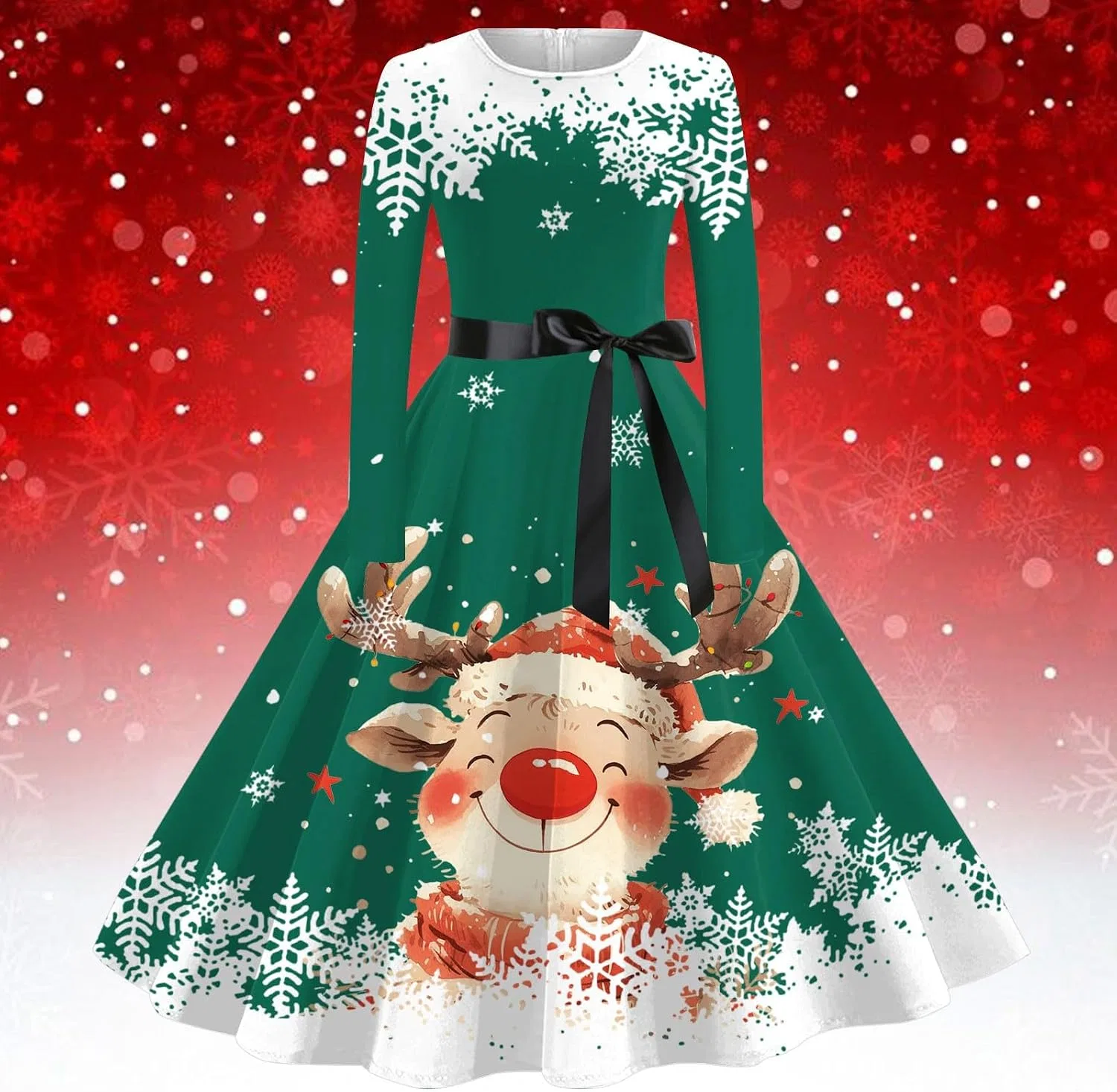 Женское платье-трапеция с принтом, Xmas Tree Santa, с длинным рукавом, с поясом, тёмно-зелёный — фото 2