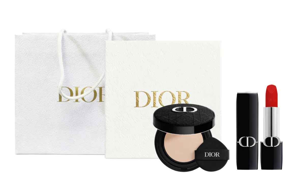 Женский набор косметики с помадой и тональной основой Velvet Lipstick 999 + Soft and Radiant Cushion 0N, DIOR, Red