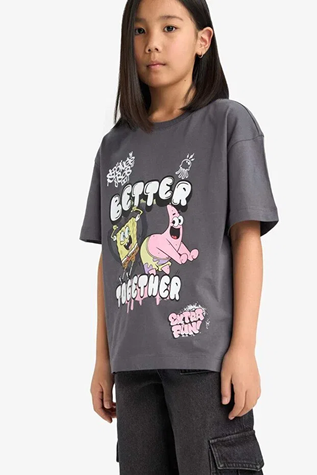 Детская футболка для девочек с принтом Spongebob oversize wide fit crew neck short sleeve t-shirt girl e6565a825hs Defacto, Anthracite-Ar148 — фото 3