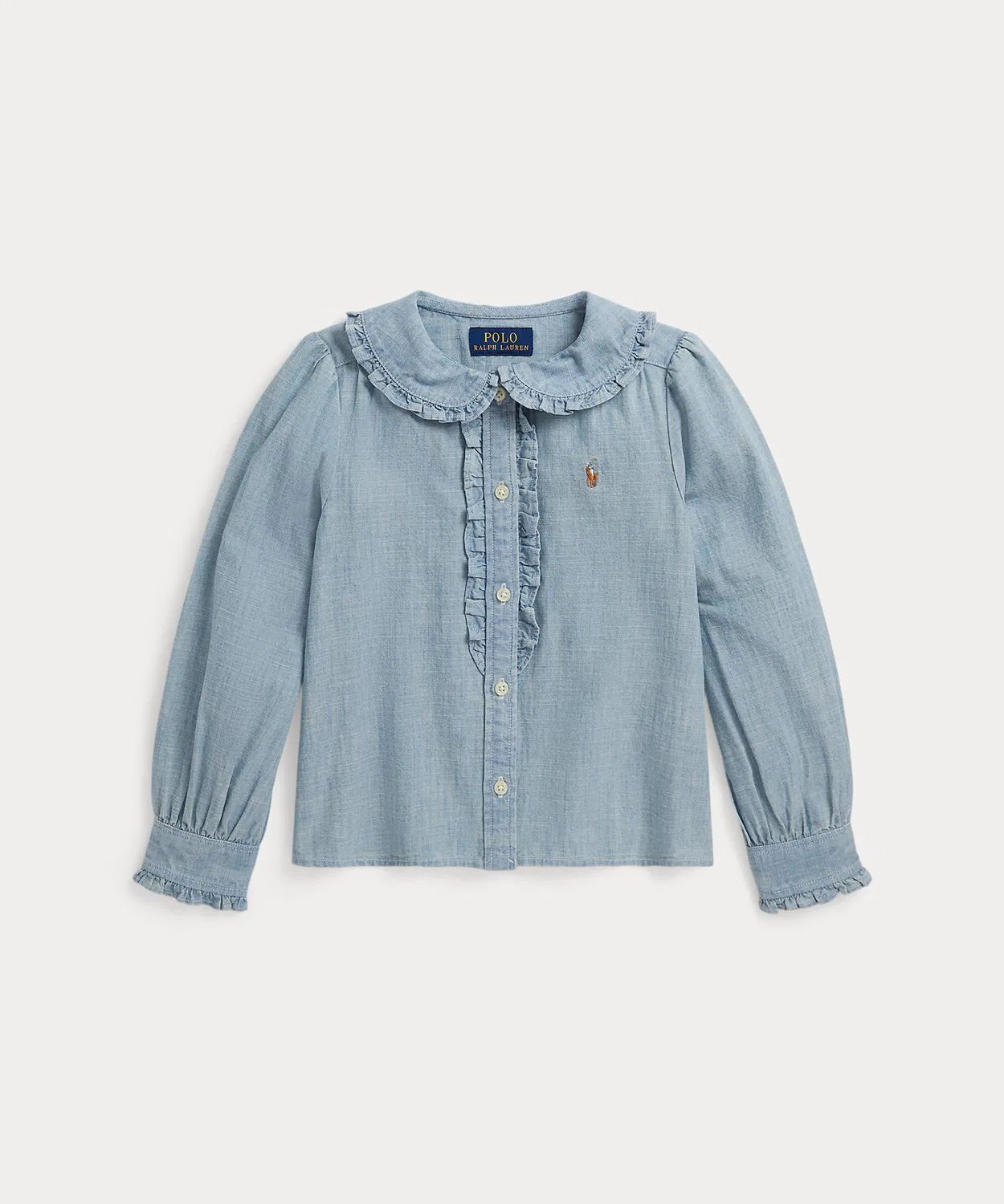Детская хлопковая блузка с воланами и вышивкой POLO RALPH LAUREN CHILDRENSWEAR, Blue