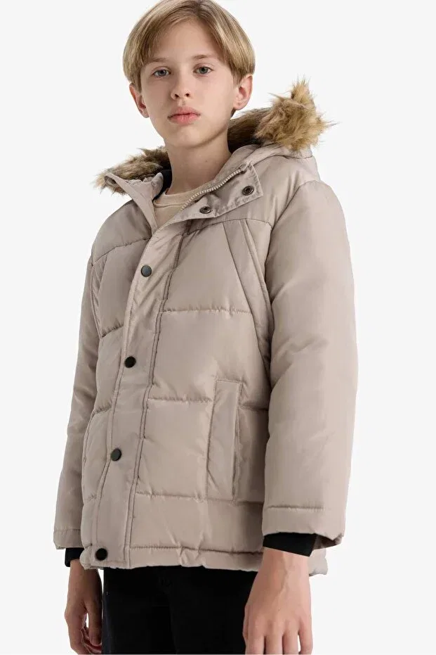 Детское пальто для девочек с капюшоном Detachable Faux Fur Collar Hooded Fleece-Lined Coat Boys e7417a825wn Defacto, Beige-Bg755 — фото 4