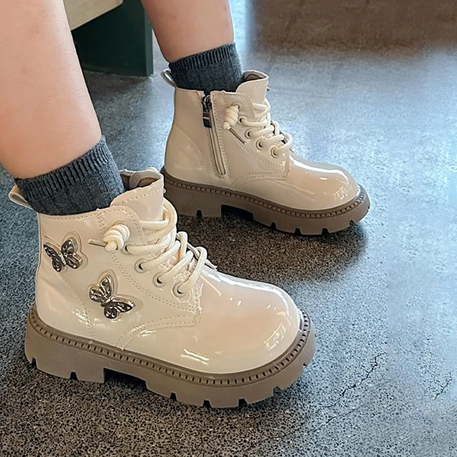 Детские ботинки для девочек с принтом, модель Combat Boot, Beige — фото 4