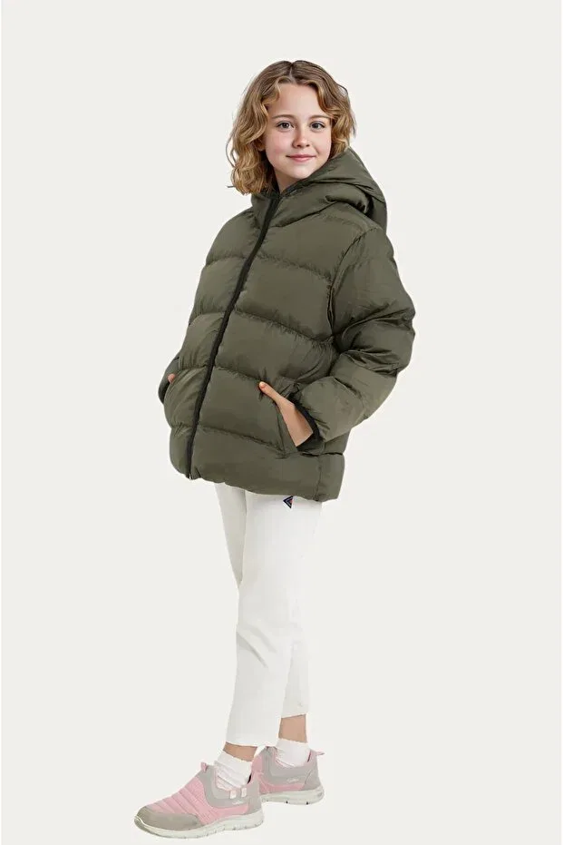Детское зимнее пальто для девочек пуховое Outriverkids, Khaki — фото 3