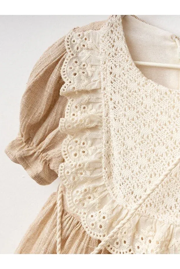 Детское платье для девочек льняное Lacy şile linen baby girl dress Cherrys Bebek, Camel — фото 3