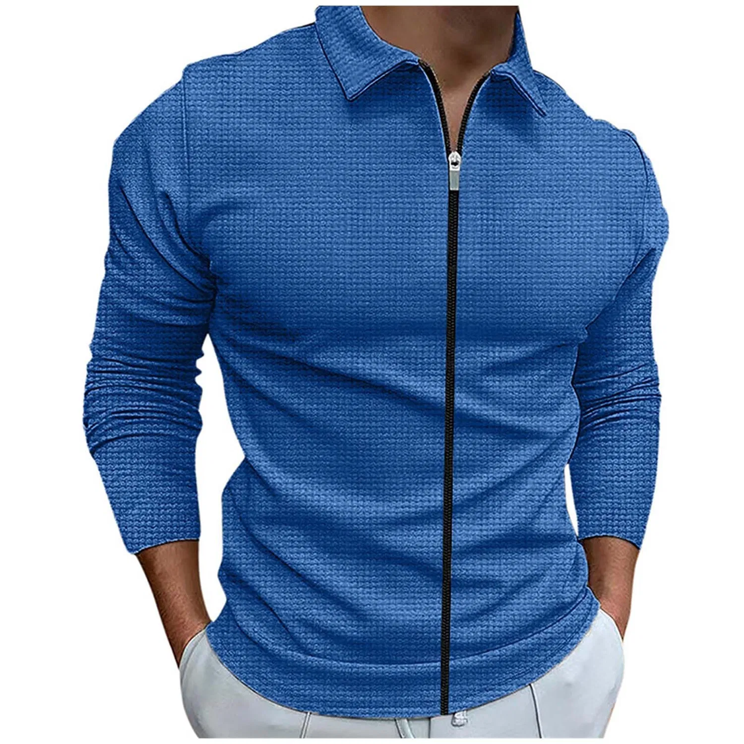 Мужская рубашка-поло с длинным рукавом, текстурированная, с рисунком соты, slim fit, Blue