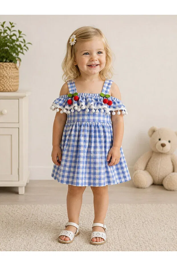 Детское платье для девочек с принтом Cherry detailed gingham Allya Mini Dress, Blue