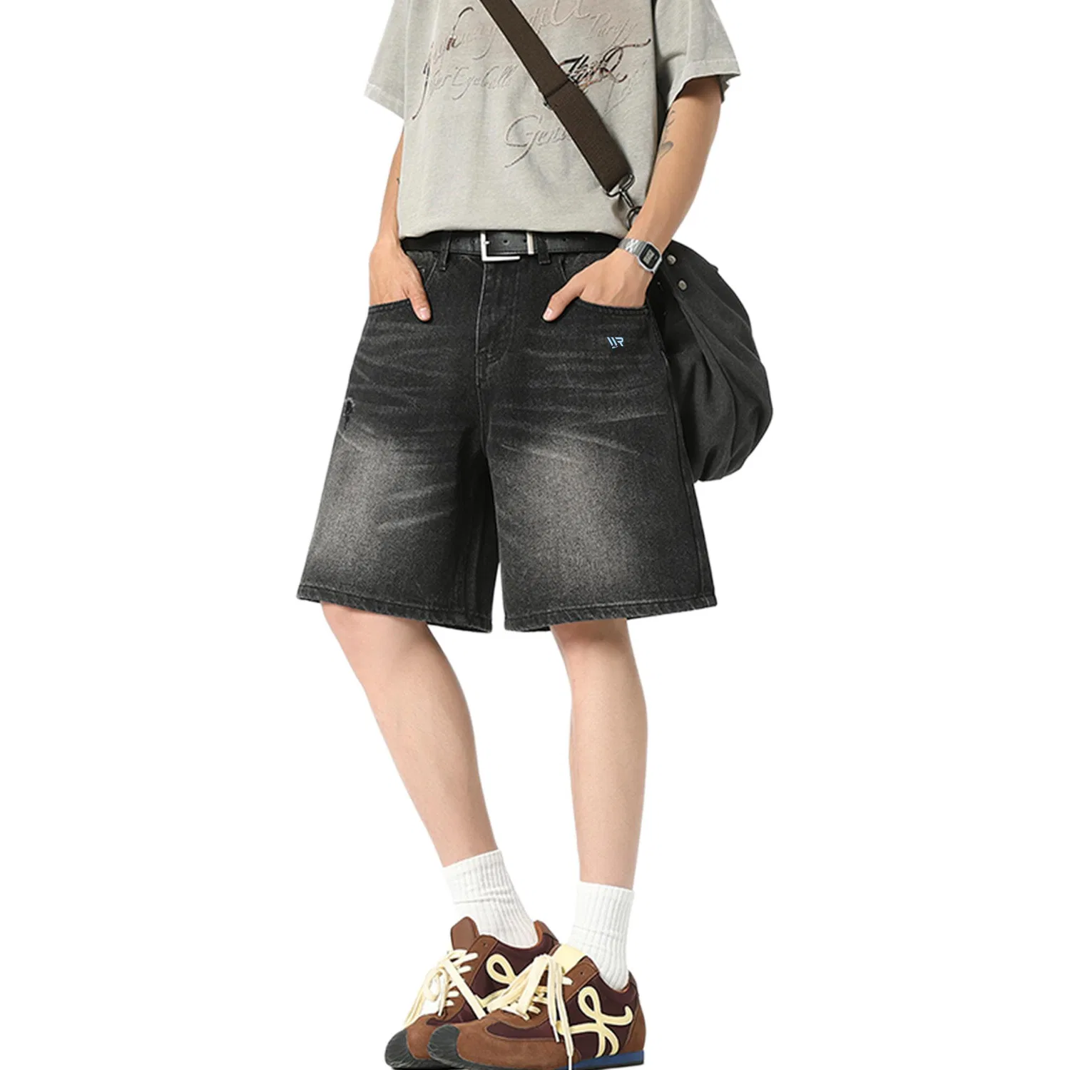 Детские джинсовые шорты свободного кроя с широкими штанинами, Denim Shorts Unisex Thin Wide Leg Pants WARRIOR, Black