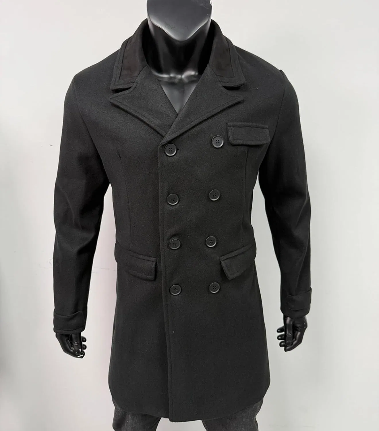 Мужское шерстяное пальто с двубортной застежкой, с лацканами, slim fit — фото 3