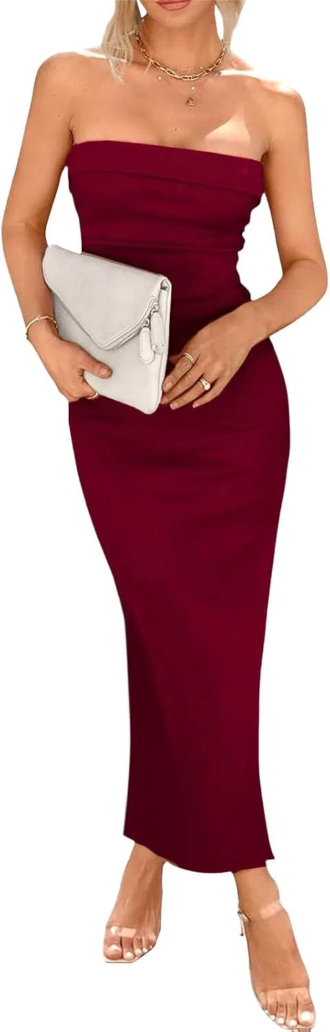 Женское облегающее платье без бретелек с боковым разрезом, Wine Red