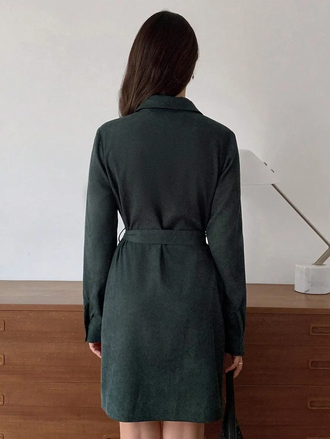 Женское повседневное платье-рубашка из вельвета с поясом, Dark Green — фото 3