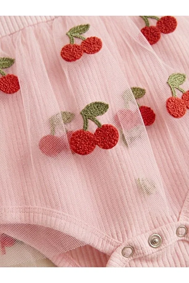 Детское платье для девочек с вышивкой Organic Cotton Cherry Embroidered Tulle Detailed Premium Baby Girl Bodysuit Dress Eradkids, Pink — фото 4