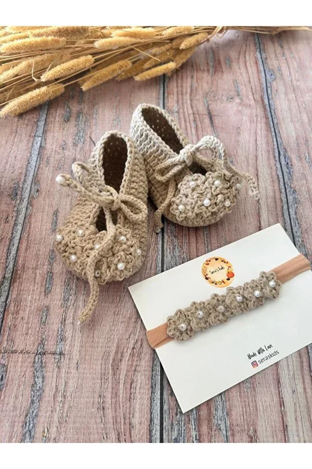 Детские пинетки для девочек с банданой Seraskids, Beige — фото 3