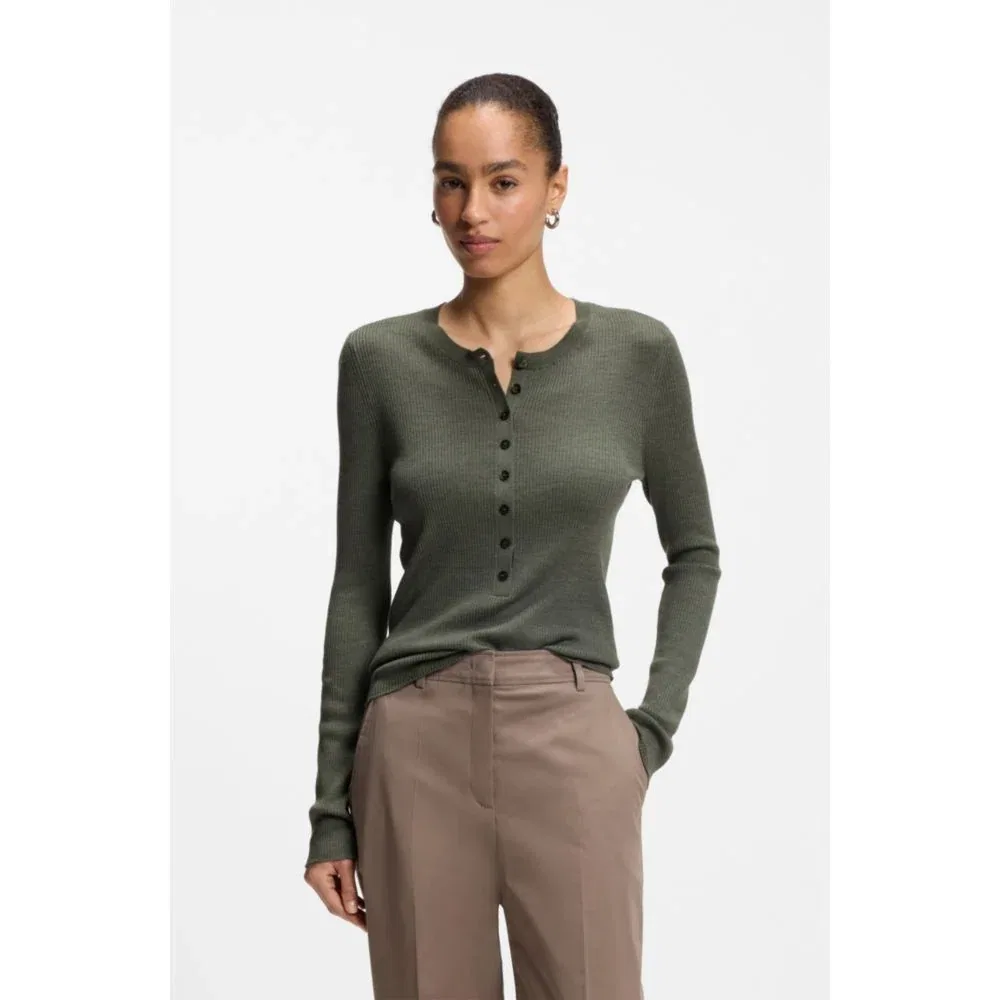 Женский свитер с воротником хенли из мериносовой шерсти BOSS, Dark Green — фото 3