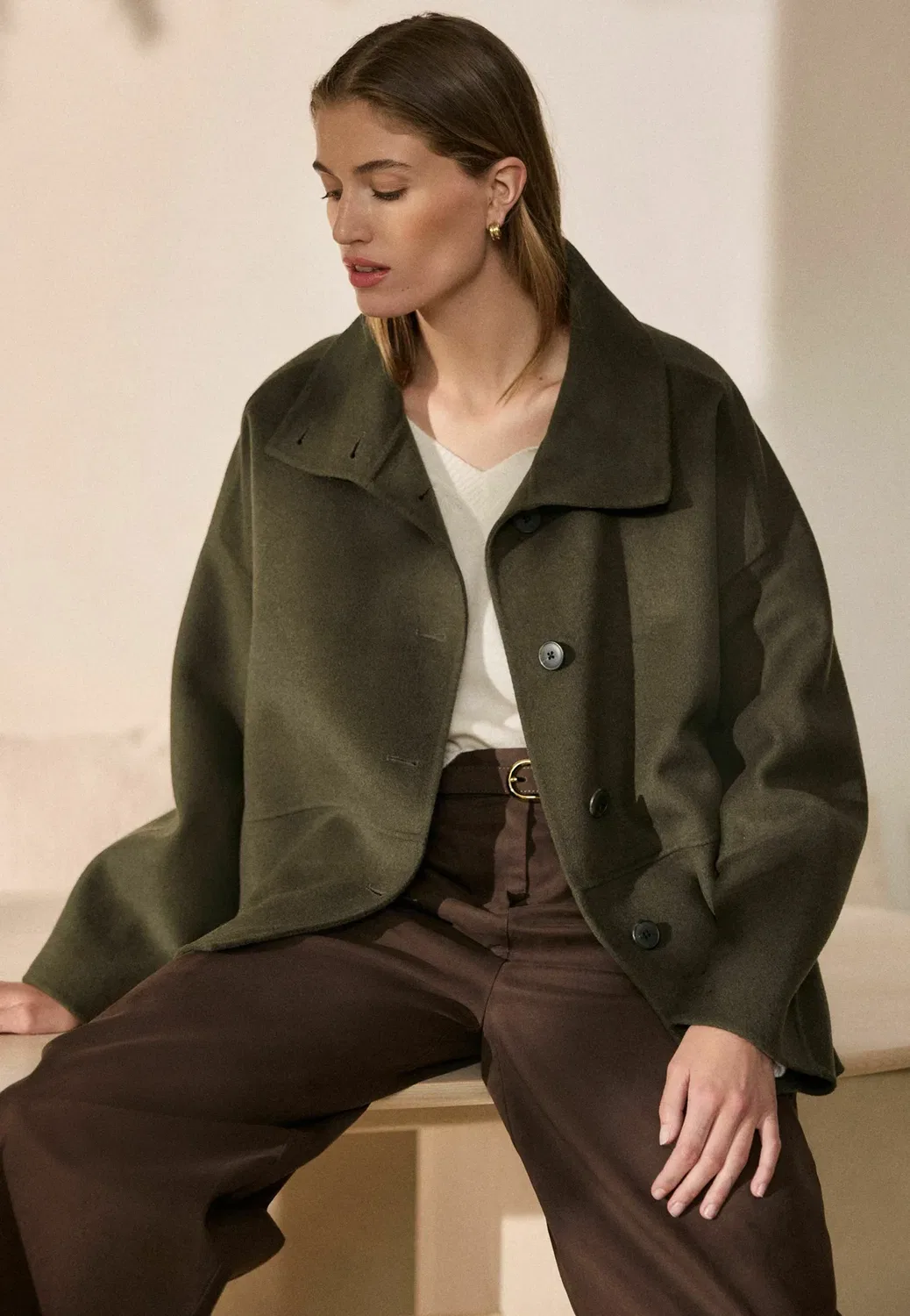 N.Premium короткое пальто с воротником-стойкой, сшитое вручную - летняя куртка Next, Olive Green — фото 4