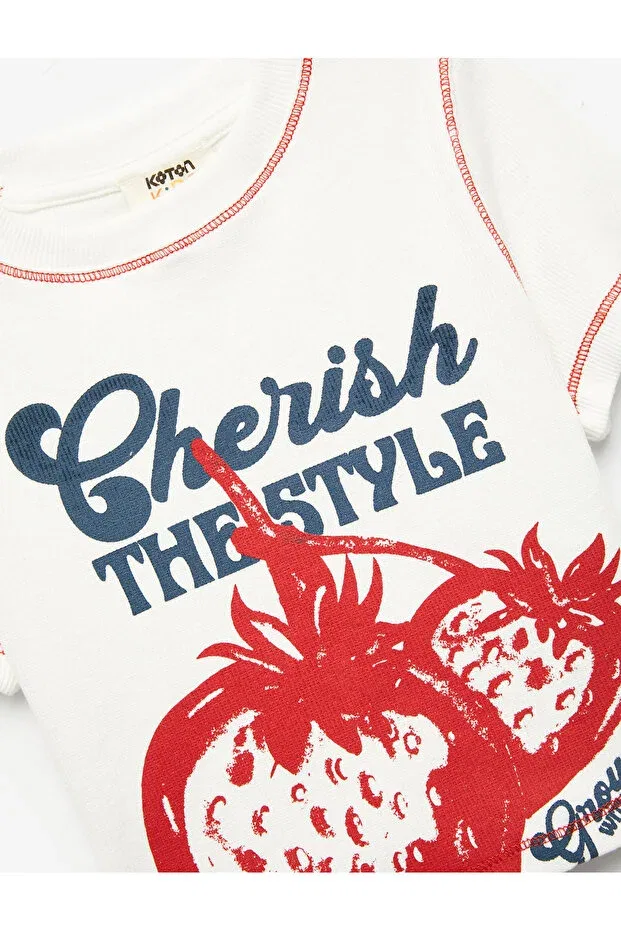 Детская футболка с принтом Crew Neck Short Sleeve Strawberry Printed Crop T-Shirt Koton, Ecru — фото 3