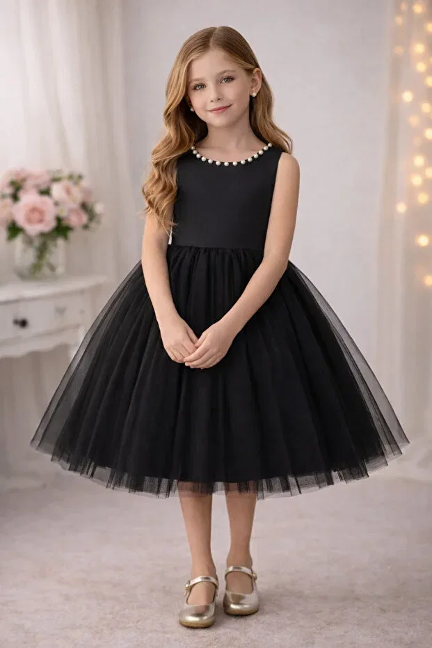 Детское платье для девочек с принтом Violet model collar pearl girls dress satin top, fluffy dream tulle special occasion dress Suneh, Black