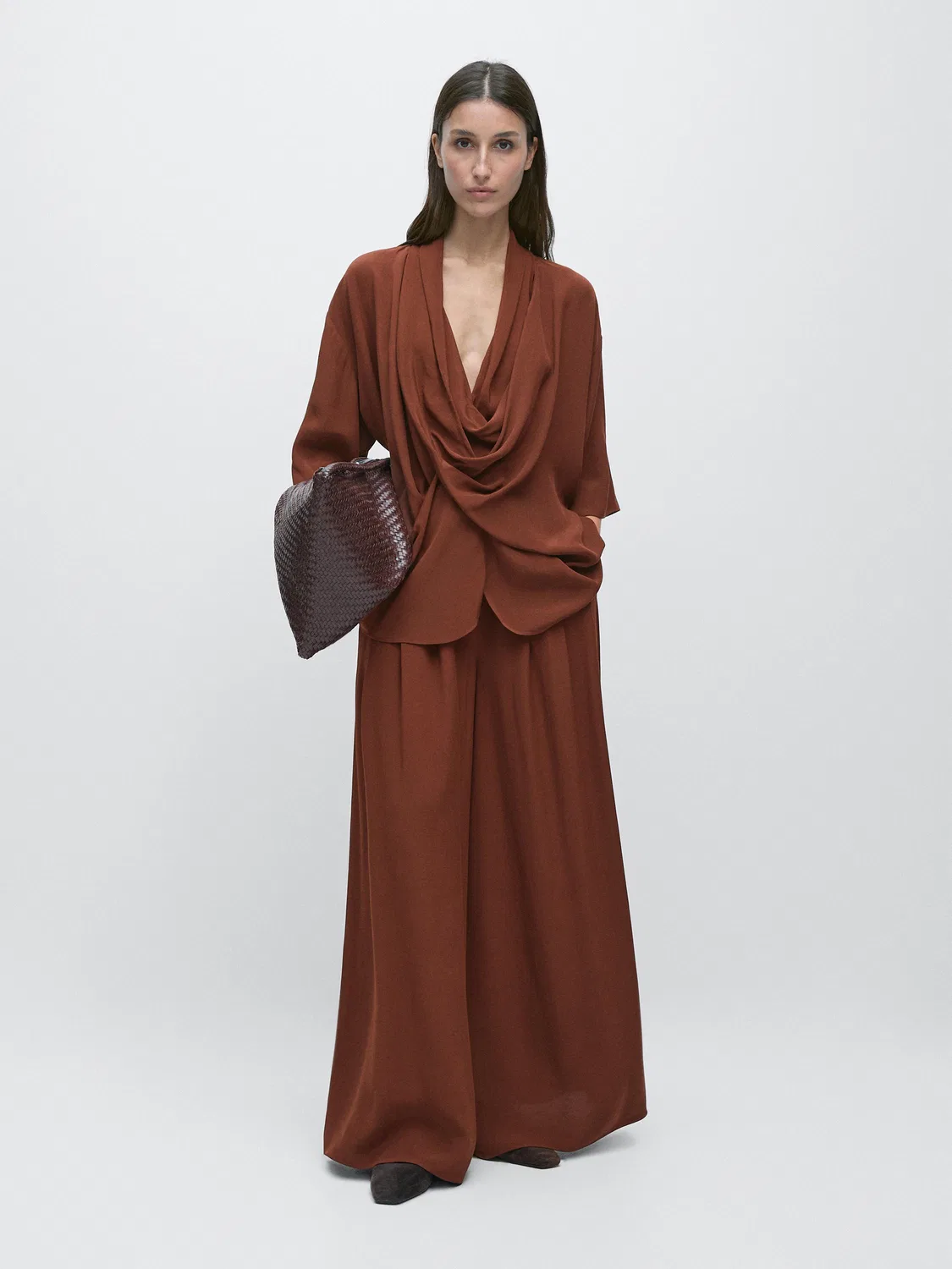 Рубашка Massimo Dutti, струящаяся, с драпировкой, оранжевый