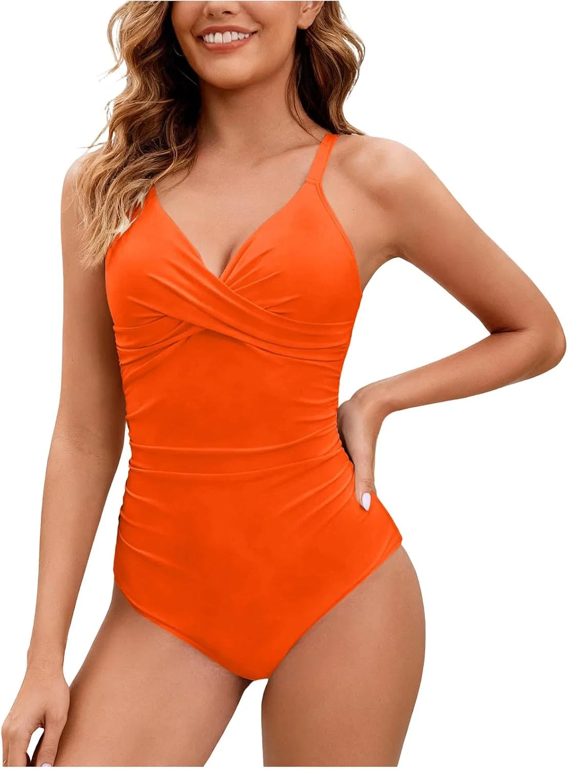 Женский слитный купальник с утяжкой живота и V-образным вырезом, Orange — фото 2