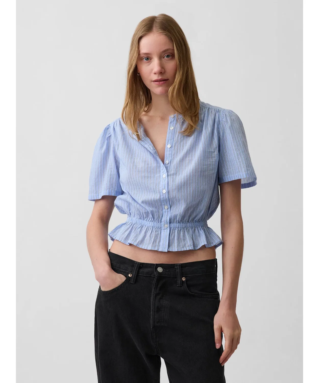 Женская блузка с принтом, короткая, с пеплумом GAP, White/Blue — фото 4