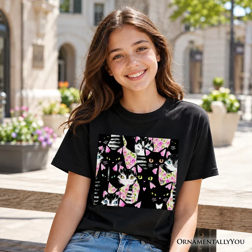 Детская футболка для девочек с принтом Floral Kitten Youth OrnamentallyYou, черный — фото 2
