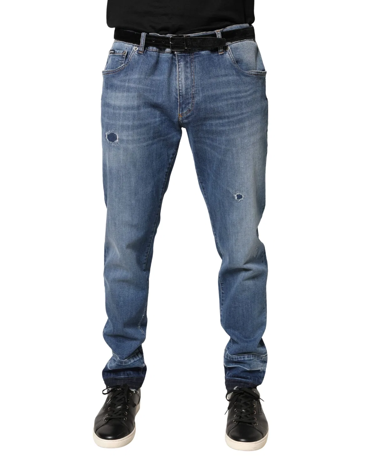 Мужские джинсы скинни с логотипом Blue Tattered Skinny Cotton Denim Dolce & Gabbana, Blue — фото 2