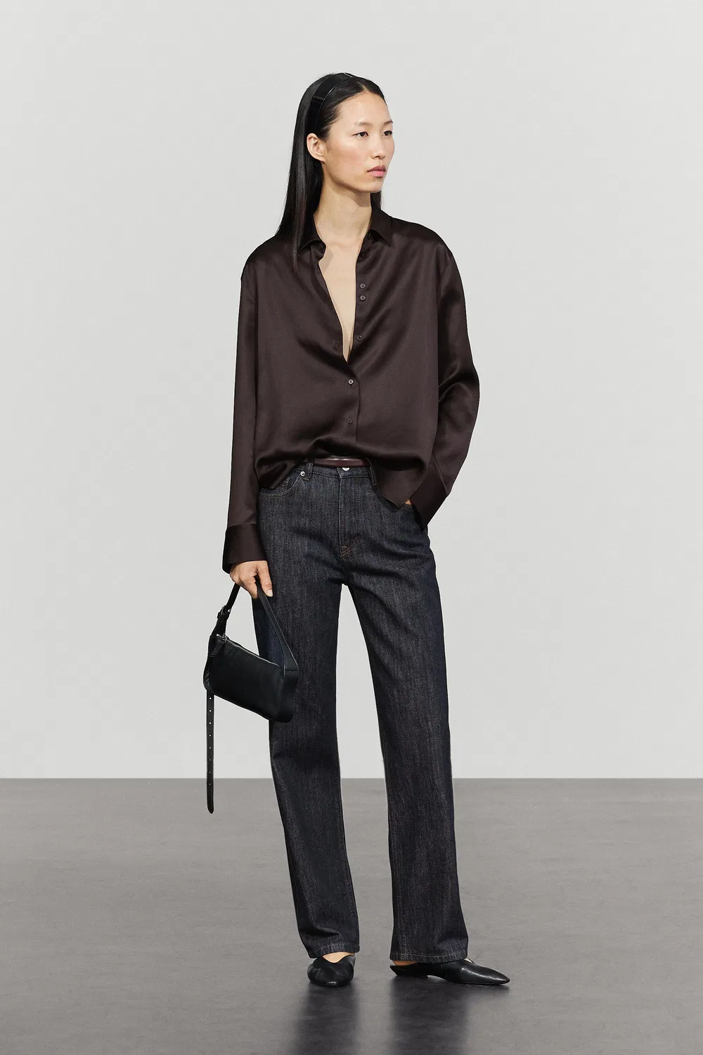 Рубашка Massimo Dutti, атласная, струящаяся, шоколадная — фото 3