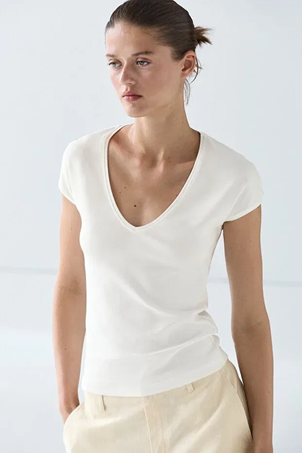 Женская футболка с v-образным вырезом Massimo Dutti, Broken White — фото 2
