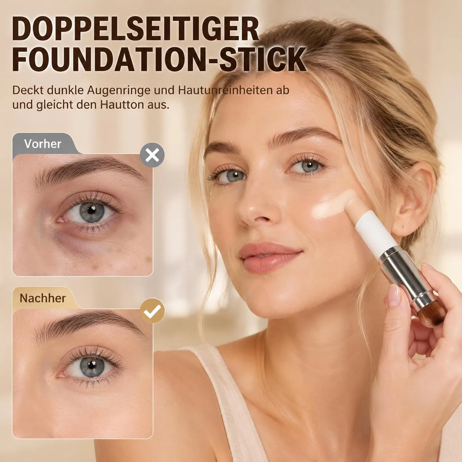 Foundation Stick с изменяющимся цветом YQOPDEBD, набор с кистью, 50 г, Naturfarbe — фото 4