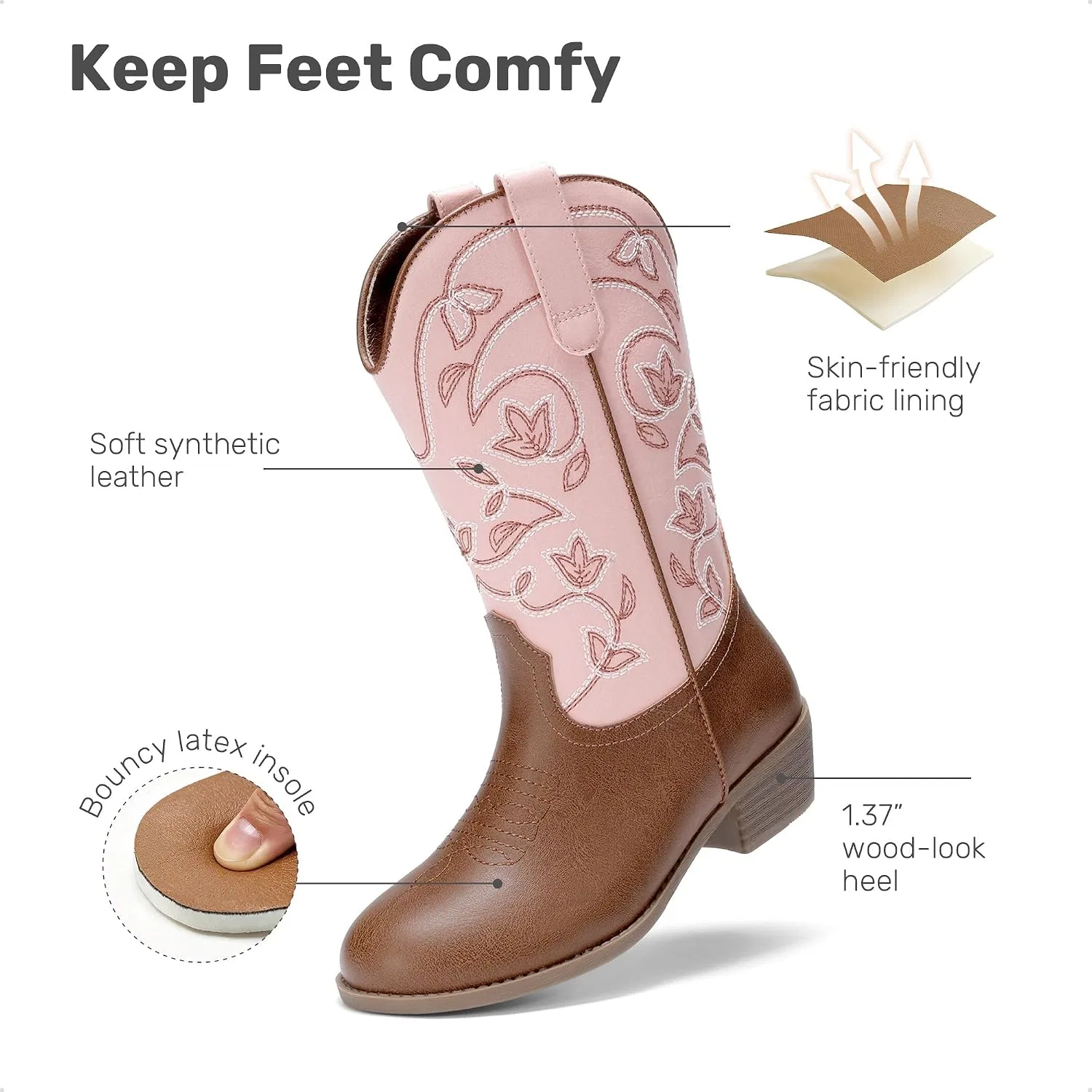 Детские сапоги для девочек с цветочной вышивкой Western Boots DREAM PAIRS, Pink/Brown — фото 4