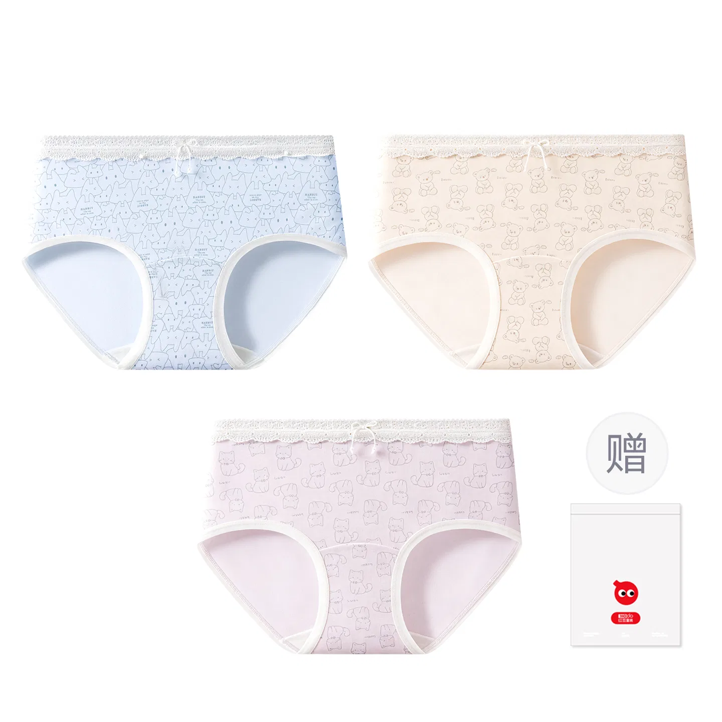 Детские трусы для девочек хлопковые 3 шт Red Bean, Fresh Blue Rabbit-Mi Xing Bear-Fresh Purple Cat