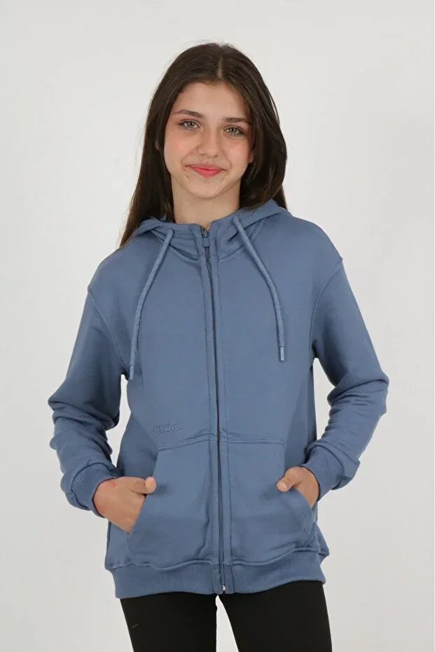 Детский кардиган для девочек с принтом Indigo Girls' Smoked K Hooded Zippered Pocket Low Shoulder Embroidery B Printed Knitted Toontoy, Indigo — фото 2