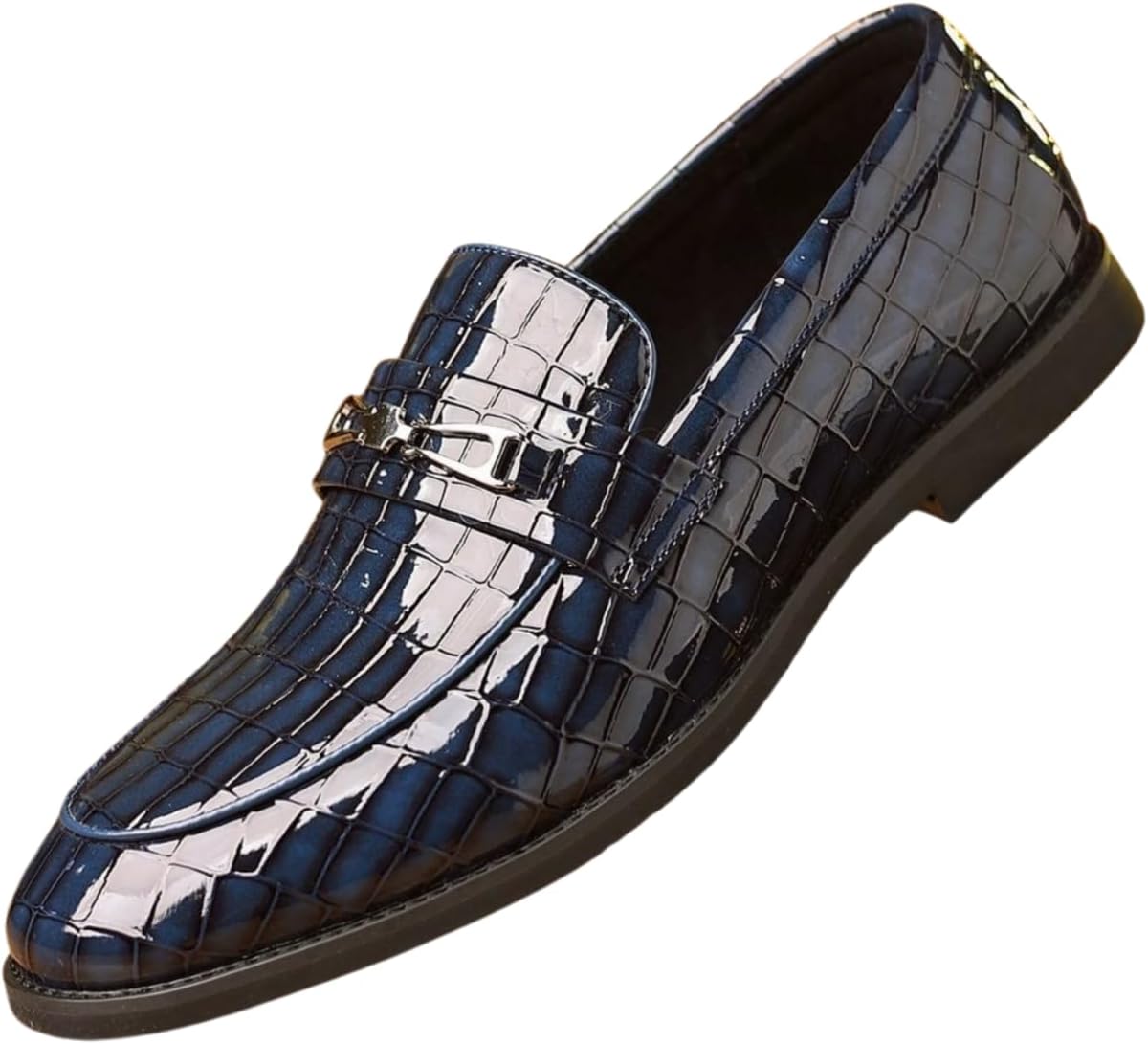 

Мужские лоферы Santimon с тиснением под крокодила, без застежки, деловые повседневные туфли с металлической пряжкой, лаковые мокасины, синий