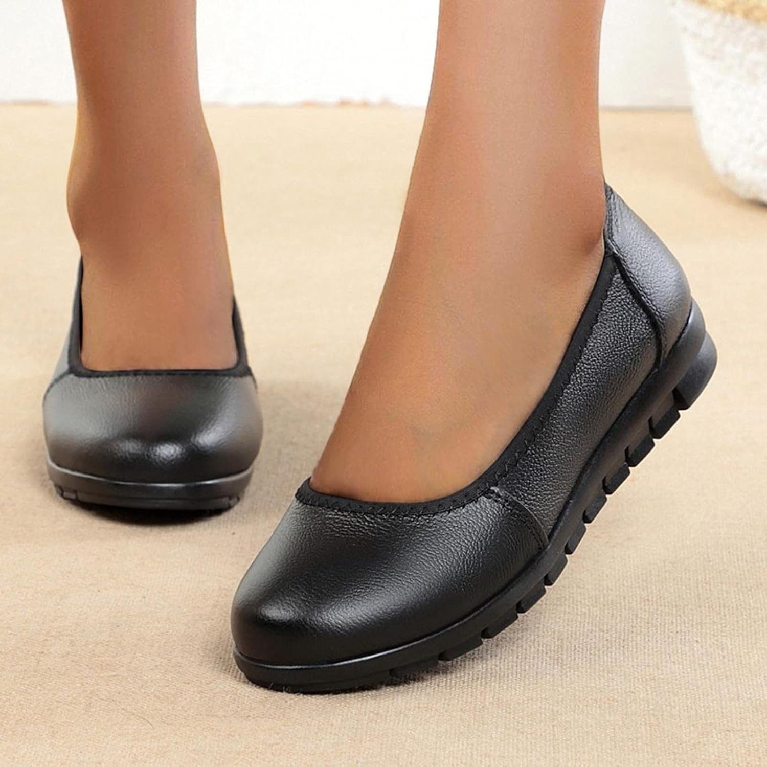Женские лоферы Hbeylia Slip On для ходьбы, повседневные мягкие удобные кожаные туфли с круглым носком, черный — фото 3