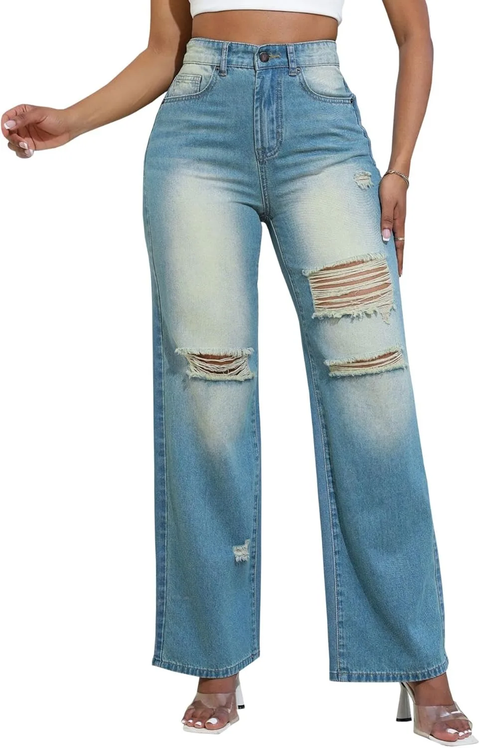 

Sexyshine женские джинсы с высокой талией и прямыми штанинами