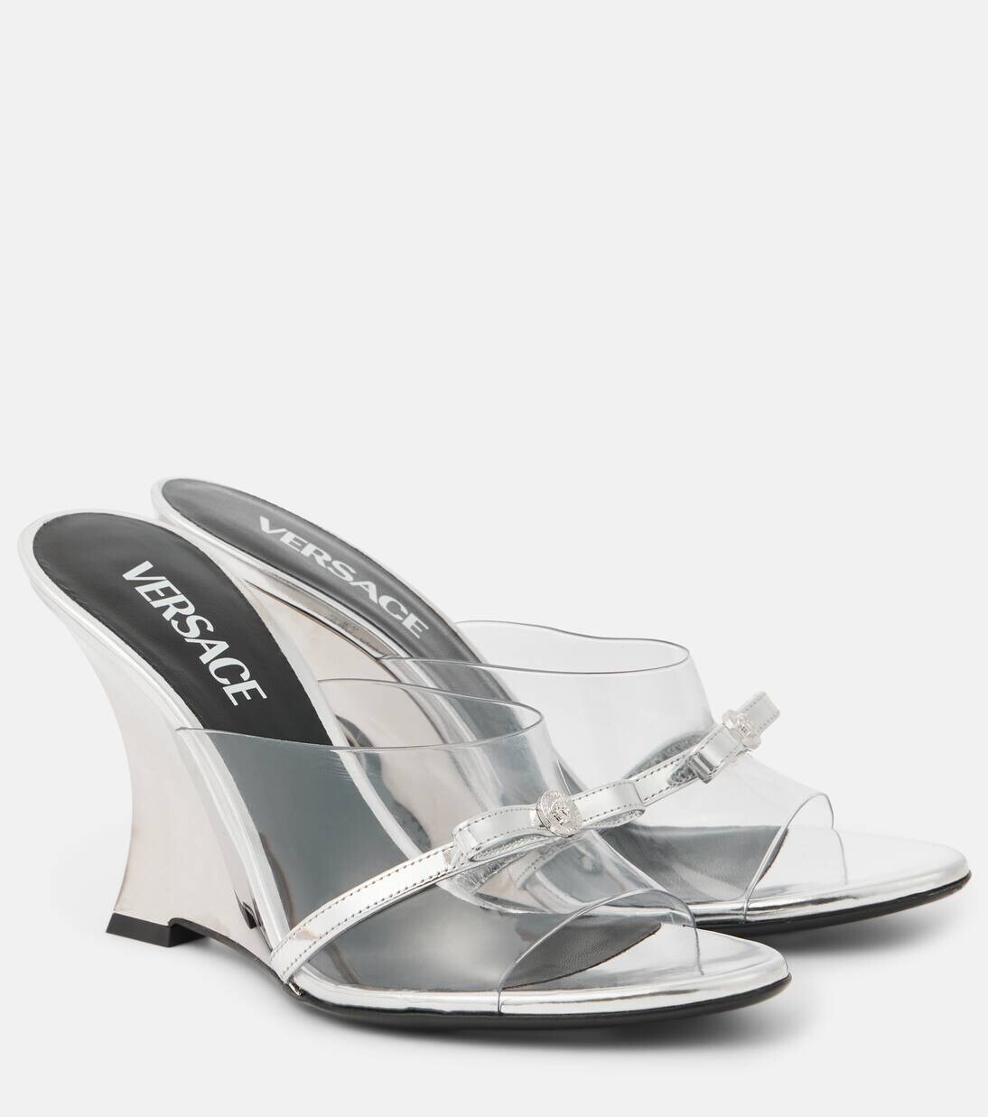 Мюли из ПВХ Gianni Ribbon 95 на танкетке Versace, цвет transparent+siver-palladium