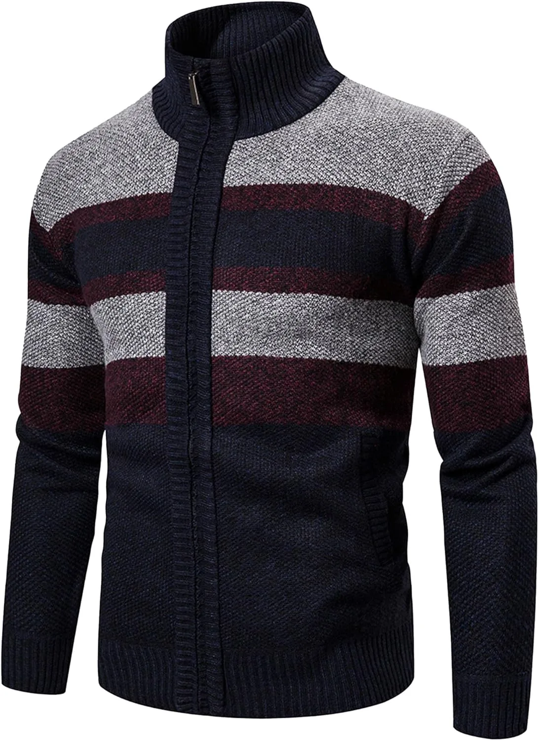 

Мужской полосатый теплый кардиган с воротником стойкой, на молнии, для осени и зимы